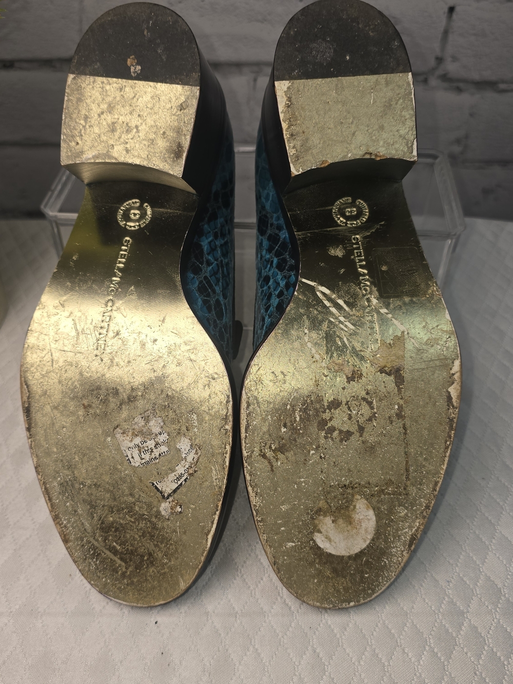 STELLA MCCARTNEY TURQUOISE BLUE LOAFERS SNAKESKIN BLOCK HEEL MADE IN ITALY 36 - Picture 10 of 11